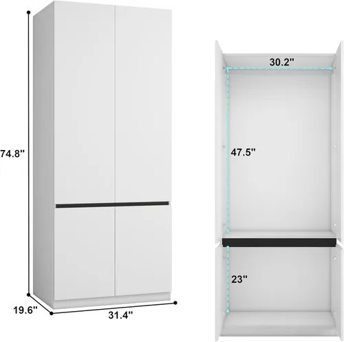 Miniatura 2 de Armario de dormitorio Armario Armario con 2 puertas: 75" Armario blanco para ropa, Armario de madera con barra para colgar, Armario moderno