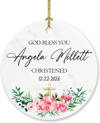 Miniatura 10 de Adorno de Navidad personalizado con texto en inglés "God Bless Bautized" 2025, adornos de bautismo católico, regalos para recién nacido, adorno
