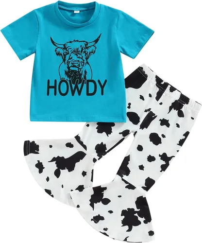 Miniatura 36 de fhutpw Conjunto de camiseta de manga corta con estampado de vaca y pantalones acampanados de dibujos animados para niñas
