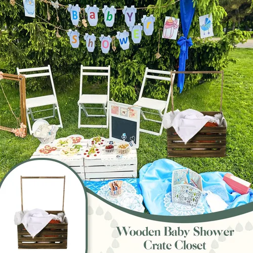 Miniatura 6 de Suzile Caja de madera para baby shower, cesta de madera para regalos con asa, ropa de niño y niña, caja de almacenamiento para revelación de género