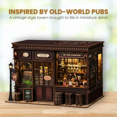 Miniatura 6 de Corner Tavern - Kit de rincón de libro de bricolaje con luces LED, rompecabezas de madera 3D para adultos, 327 piezas, diorama inspirado en pub