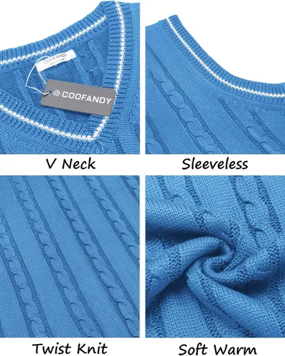 Miniatura 5 de COOFANDY Suéter para hombre, cuello en V, ajustado, casual, sin mangas, tejido trenzado