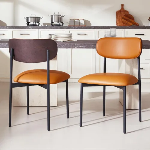 Miniatura 8 de GrandNoor Juego de 2 sillas de comedor de cuero sintético marrón, silla de cocina tapizada sin brazos, silla moderna de comedor con respaldo curvo