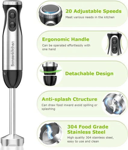 Miniatura 2 de Bonsenkitchen Batidora de mano de inmersión con batidor, 20 velocidades y modo turbo, batidora de mano de 500 W, batidora de mano de acero