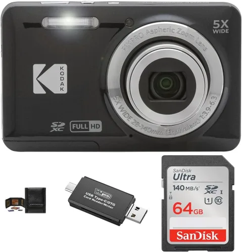 KODAK PIXPRO FZ55 - Cámara digital en paquete, incluye: Tarjeta de memoria SanDisk SDXC de 64GB, lector de tarjeta SD compatible con computadoras y