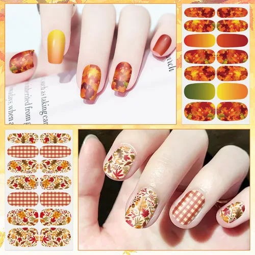 Miniatura 3 de 8 hojas de esmalte de uñas de otoño para mujer, hojas de arce, tiras de esmalte de uñas de gel, autoadhesivas, manicura con lima y palito para Otoño