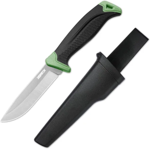 Dispatch Bushcraft - Cuchillo de hoja fija con funda, hoja de acero al carbono 5Cr13MoV de 4 pulgadas con mango de goma antideslizante ABS y TPR,