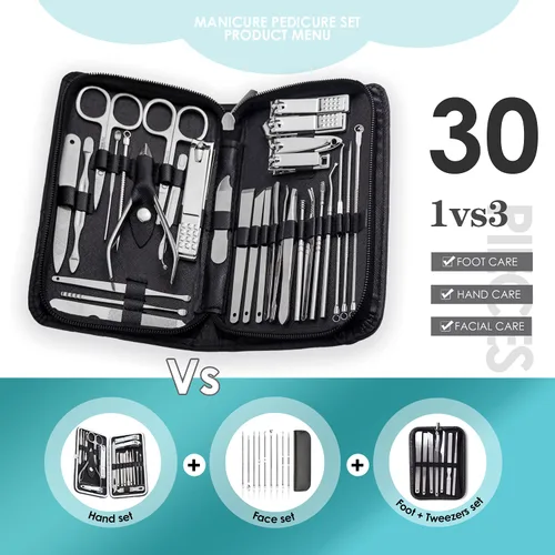Miniatura 4 de WOAMA - Juego profesional de manicura con 30 piezas de acero inoxidable de color plata en estuche negro Plateado