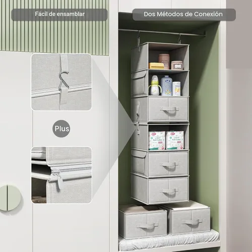 Miniatura 6 de Vailando Organizador de Armario Colgante de 6 Estantes con 3 Cajones, 2 Organizadores de Armario Separables de 3 Estantes y Almacenamiento para Gris