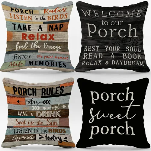 Juego de 4 fundas de almohada con reglas de porche, 18 x 18 pulgadas, decoración de banco de porche delantero, regalo de inauguración de la casa,