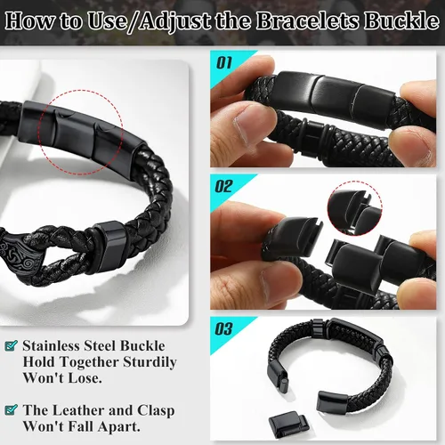 Miniatura 6 de Bestyle Pulseras vikingas trenzadas de cuero genuino para hombres y niños, pulseras vintage de martillo de Thorcalaveramasónico masón con cierre,