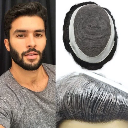 Miniatura 27 de Tupé para hombre, pieza de cabello humano real, encaje francés con piel de poliéster alrededor del sistema de cabello, 8 x 10 pulgadas, unidad