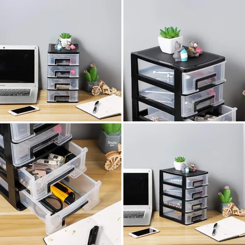 Miniatura 6 de Organizador de almacenamiento de escritorio de 4 cajones, contenedores de plástico, organizador de aparador para el hogar (negro y transparente)