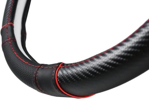 Miniatura 6 de Funda para volante de fibra de carbono + cuero con franjas deportivas en la parte superior, antideslizante y absorbente de sudor, ajuste universal