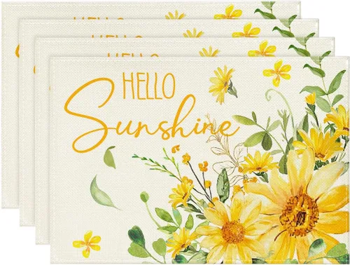Artoid Mode Hello Sunshine - Juego de 4 manteles individuales de verano con girasol, 12 x 18 pulgadas, para decoración de fiestas, cocina, comedor