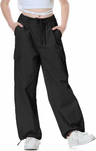 Rolanko Pantalones de paracaídas para niñas, pantalones cargo Y2K con bolsillos, pantalones deportivos Harajuku para niños de 4 a 14 años