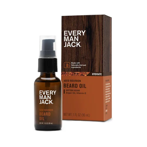Every Man Jack Aceite para barba para hombre, fragancia de bourbon envejecido, hidrata y suaviza profundamente tu barba y añade un brillo natural,