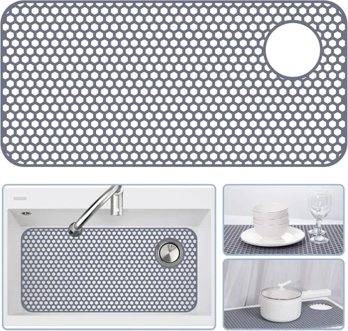 Miniatura 55 de Bestjing Tapete de silicona para fregadero - Protectores para fregadero de cocina con drenaje central, accesorio de rejilla de cocina de 26" x 14
