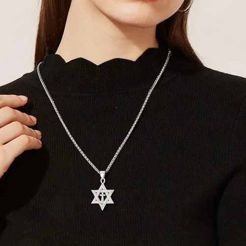 Miniatura 154 de U7 - Collar con Estrella de David para hombres y mujeres, dije hexagonal de acero inoxidable con cruz/piedra de rubí/collares clásicos judíos