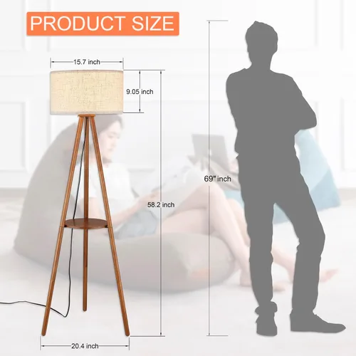 Miniatura 5 de Lámpara de pie trípode de madera BTP, luz de pie de granja con estante de madera y pantalla de tambor para sala de estar, dormitorio, oficina