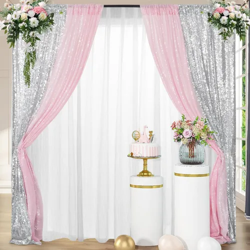 Miniatura 10 de Juya Delight 2 cortinas de lentejuelas doradas de 2 x 8 pies, telón de fondo de fotos con purpurina para fiestas, cumpleaños, bodas, decoración