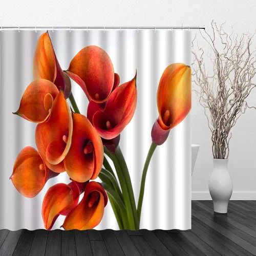 Miniatura 3 de Cortina de ducha de flores naranjas, naranja quemado, lirio de cala, floral, hermoso, romántico, primavera, plantas creativas, tela de poliéster