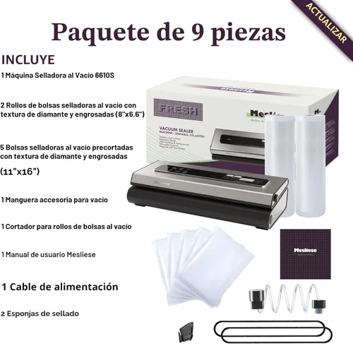 Miniatura 5 de Mesliese Máquina selladora al vacío, potente sistema compacto de preservación de alimentos 6 en 1 de precisión de 90 Kpa con cortador, 2 rollos