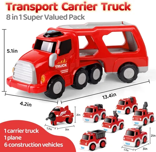Miniatura 2 de MindPal Camión de Bomberos de Juguete para Niños Pequeños de 3 4 5 6 7 Años, Set de Vehículo Transportador de Camión de Bomberos 8-en-1 para Niños