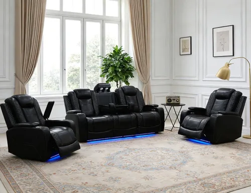 Miniatura 59 de Juego de Sofá Reclinable Eléctrico, Juego de Sofá y Sillón Reclinable de Cuero Negro, Juegos de Muebles de Sala de Estar, Sofá de Dos Plazas
