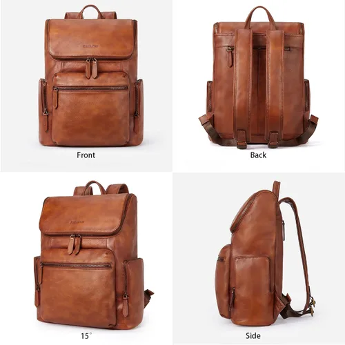Miniatura 5 de BOSTANTEN Mochila de cuero para hombres 15.6 pulgadas mochila portátil vintage viaje oficina bolsa de hombro gran capacidad marrón rojo