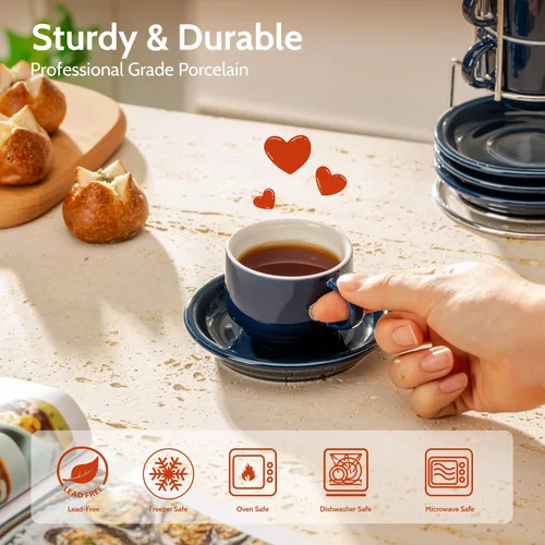Miniatura 2 de Sweese - Juego de 4 tazas de café espresso apilables de porcelana con platillos y soporte de metal, 4 onzas, color azul marino