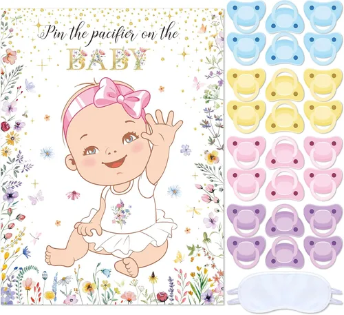 Miniatura 31 de Faccito Pin The Chupete - Juego de baby shower, decoración de fiesta de baby shower, incluye póster grande, 24 calcomanías para chupete, juego