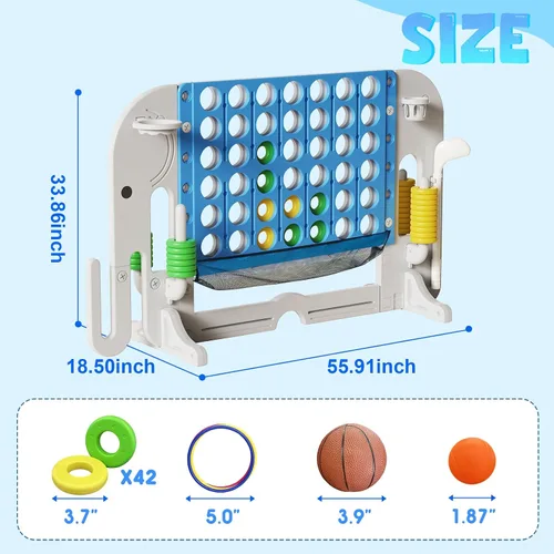 Miniatura 5 de Giant 4 in a Row Connect Game, Adjustable Height (2.6FT-4.3FT) Jumbo 4-to-Score Yard Game Set with Basketball, Golf & Ring Toss, Elephant Design