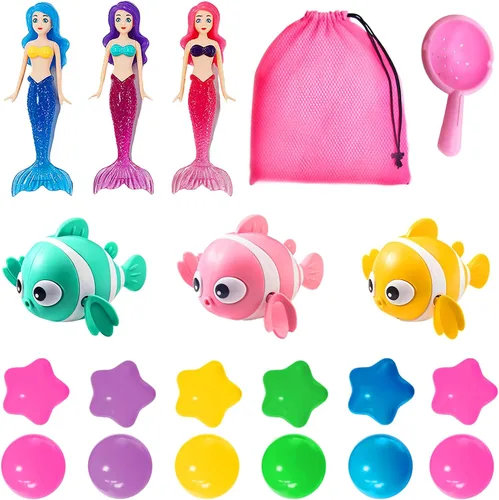 Juguetes de baño para bebés para niños - 20 piezas Muñecas de La Sirenita, peces nadadores a cuerda, bolas, cuchara y bolsa de almacenamiento.