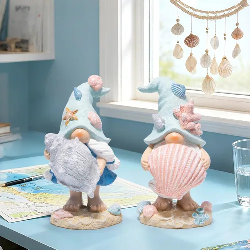 Miniatura 6 de Hodao Figuras de gnomos del océano costero – Gnomos de playa de resina pintados a mano con sombreros de conchas y estrellas de mar, decoraciones