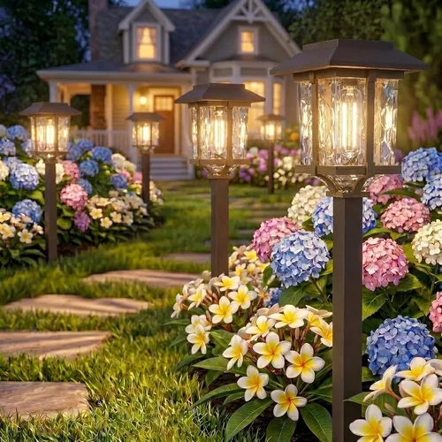 XMCOSY+ Luces solares de camino para exteriores, luces de jardín de vidrio con cálido brillo Edison, iluminación de paisaje de acero inoxidable