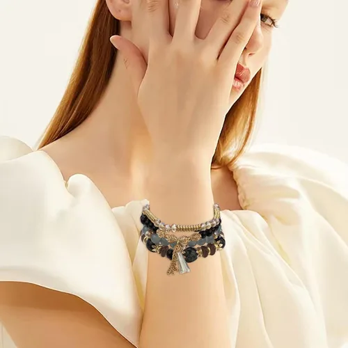 Miniatura 5 de Pulseras apilables de cuentas para mujer hombre juego de pulseras elásticas multicapa multicolor para reloj de joyería negro talla única
