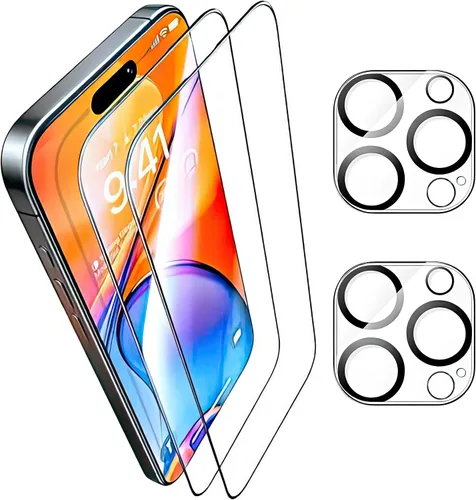 Paquete de 2 protectores de pantalla para iPhone 15 Pro + 2 protectores de lente de cámara 9H + vidrio templado de grado militar, inastillable,