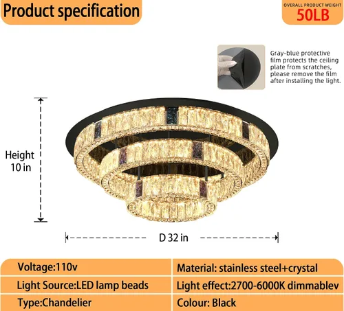 Miniatura 3 de Candelabro de cristal LED moderno de 32 pulgadas para sala de estar, lámpara redonda de cristal de 3 niveles, lámpara de techo de cristal negro
