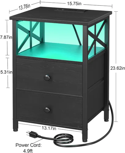 Miniatura 3 de AMHANCIBLE Juego de 2 mesitas de noche, mesita de noche LED con estación de carga, mesas auxiliares para sala de estar con cajones de tela, mesita