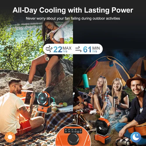 Miniatura 2 de Odoland Ventilador de camping de 40,000 mAh con luz LED, ventilador de escritorio oscilante a batería con control remoto y gancho, ventilador Naranja
