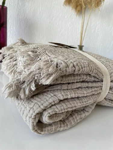Miniatura 2 de Manta de muselina 100% algodón, colcha de 4 capas, suave muselina de algodón turco, colcha reversible, beige (tamaño King 95 x 102 – 90.6 x 102.4 in)