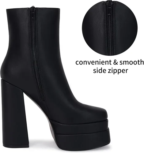 Miniatura 5 de VETASTE Botas de plataforma para mujer, puntera cuadrada, tacón grueso, cremallera lateral, botas de tobillo cómodas de combate góticas