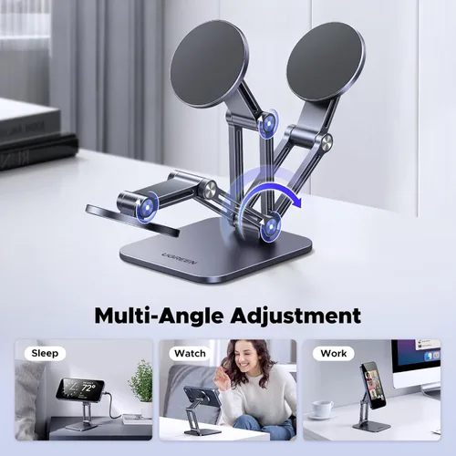 Miniatura 3 de UGREEN Soporte magnético para teléfono compatible con soporte MagSafe para escritorio, diseño ergonómico ajustable, soporte de aluminio para Gris