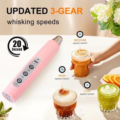 Miniatura 3 de YUSWKO - Espumador de leche recargable USB de mano con 3 cabezas, mini mezclador eléctrico de bebidas con 3 velocidades para latte, capuchino, Rosa