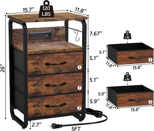 Miniatura 2 de runjuly Mesita de noche con luz, mesa auxiliar LED con cajones y estación de carga con puerto tipo C, pequeña mesa de noche con ganchos, cómoda