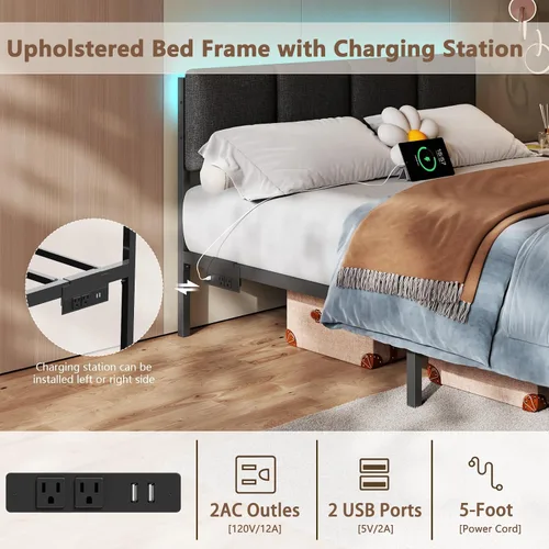 Miniatura 4 de Furnulem Marco de Cama Queen con Cabecera Ajustable, Cama Tapizada con 2 Cajones de Almacenamiento, Estación de Carga USB Integrada y Luces LED, Gris