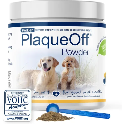 ProDen PlaqueOff Polvo para mascotas - Ambientador de aliento para gatos y perros - Removedor de placa y sarro para el cuidado bucal de mascotas -