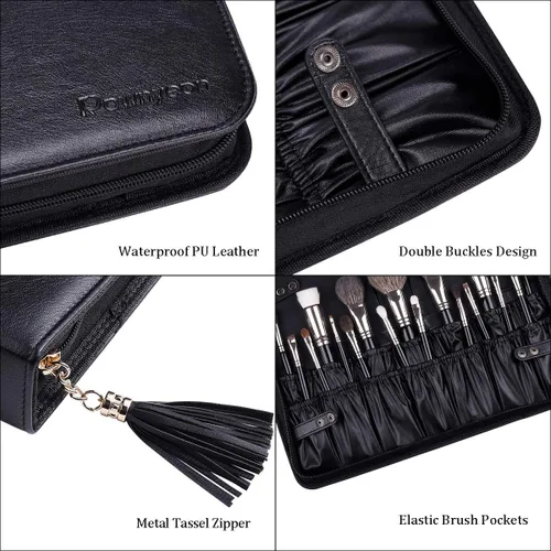 Miniatura 4 de Rownyeon - Bolsa organizadora de brochas de maquillaje profesional, estuche de cuero, bolso de mano negro portátil de viaje (solo bolsa)