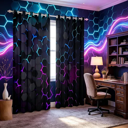Miniatura 27 de Manfei Cortinas opacas negras de panal de abeja con luces de neón azul real, tratamientos de ventana con estampado geométrico hexagonal, decoración